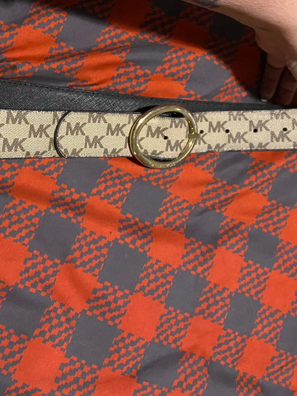 Michael Kors Beige MK Monogram Belt with Gold Round Buckle reversible XL